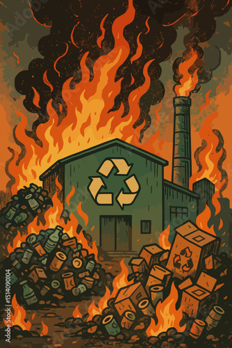Recycling plant fire disaster. Industrial building ablaze, engulfed in flames and black smoke. Environmental hazard, waste management crisis, pollution catastrophe concept. Vintage illustration.