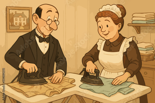 Vintage Domestic Chore Illustration: Butler and Maid Ironing Clothes Together. Retro Household Service Scene with Man and Woman, Old-Fashioned Laundry Care, Teamwork Concept Design.