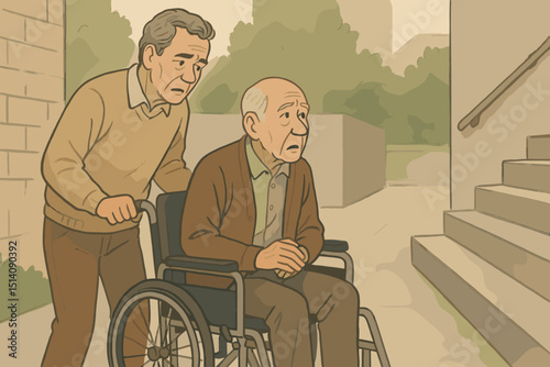 Elderly man in wheelchair faces stairs, a barrier to accessibility. Senior care, mobility challenges, and disability concepts. Caregiver assists, highlighting support and daily life obstacles.