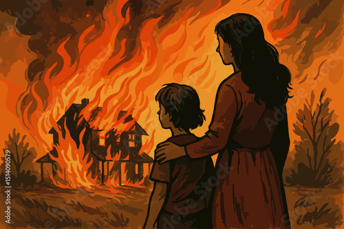 Mother and child watching house fire, home burning. Illustration of family tragedy, loss, property destruction, displacement, disaster, crisis, despair, sadness, emotional trauma, helplessness.
