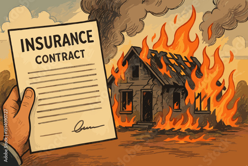 Hand holding insurance contract, burning house background. Fire disaster, property damage, claim concept. Home protection, financial security illustration. Loss prevention, risk, emergency aid.