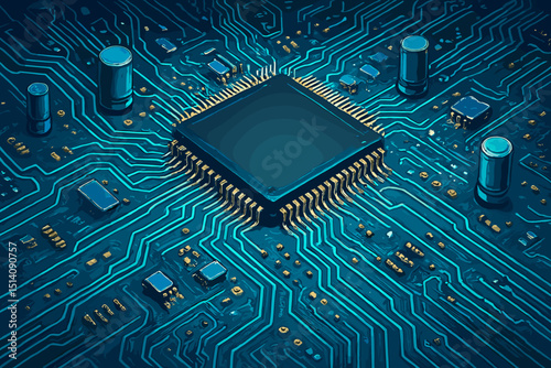 Blue gold electronic circuit board with powerful central microprocessor. Intricate PCB design. Modern technology, data processing, computing hardware innovation, tech background concept.