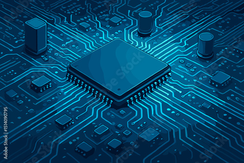 Blue electronic circuit board with microchip processor. CPU technology background. Computer hardware components, motherboard pathways, and semiconductor concept. Digital data innovation.