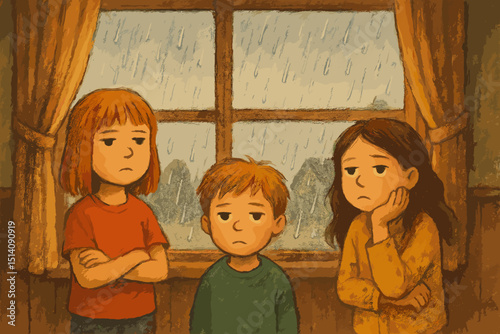 Three bored children on rainy day indoors. Kids with sad expressions looking out window. Childhood melancholy illustration. Gloomy weather causing listlessness. Unhappy siblings vector art.