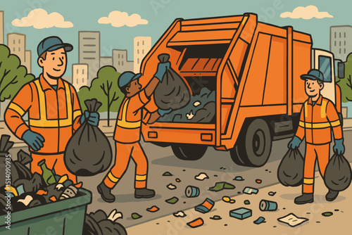 Urban sanitation team cleaning city street. Garbage collectors loading trash bags into waste truck. Municipal cleanup service vector. Environmental hygiene, rubbish disposal, community work concept.