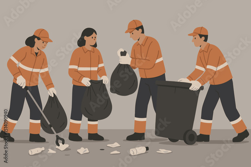 Sanitation workers team collecting garbage illustration. Municipal employees in uniform cleaning street, picking up litter with trash bags and bin. Waste management service vector concept.
