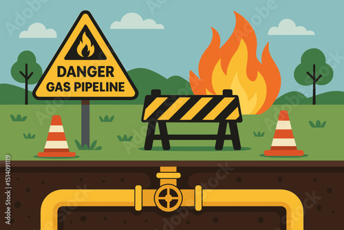 Danger Gas Pipeline warning sign vector illustration. Underground flammable natural gas pipe with fire hazard. Safety barrier, caution cones for risk prevention and emergency alert.