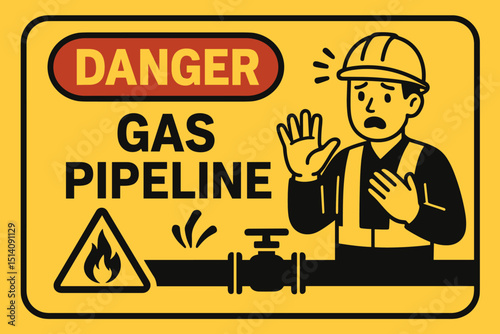 Danger Gas Pipeline warning sign vector. Worker in hard hat signaling caution. Flammable industrial hazard symbol. Safety alert for construction site, fuel line risk, energy infrastructure.