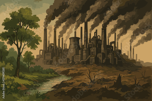 Industrial pollution concept. Factories emitting dark smoke, contaminating river and land. Environmental destruction, climate change illustration. Nature vs industry, air pollution, global warming.