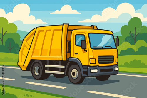 Yellow garbage truck driving on road, cartoon vector illustration. Waste management, refuse collection, municipal sanitation service, recycling vehicle, environmental cleaning concept art.