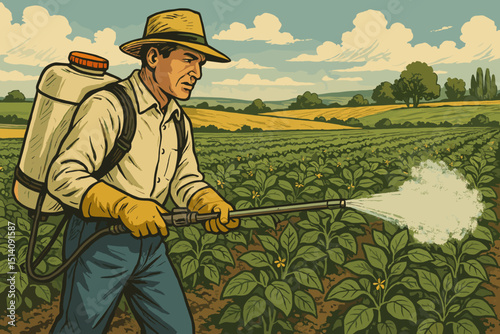 Farmer spraying crops in field, vintage agricultural illustration. Man with backpack sprayer, pest control. Retro farming, food production, crop care, cultivation, rural landscape art.