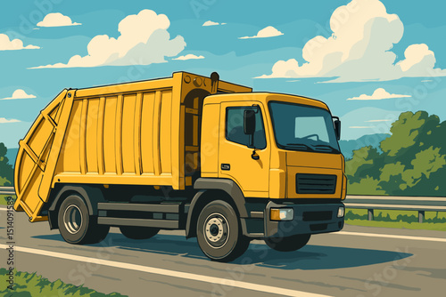 Yellow garbage truck driving on highway illustration. Waste management refuse vehicle. Sanitation recycling lorry for municipal service. Vector cartoon transport graphic design element.