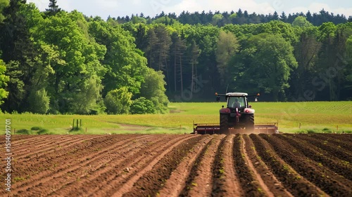 A red tractor plows a brown field surrounded by green trees under a clear blue sky. The scene captures agricultural activity in a rural landscape.