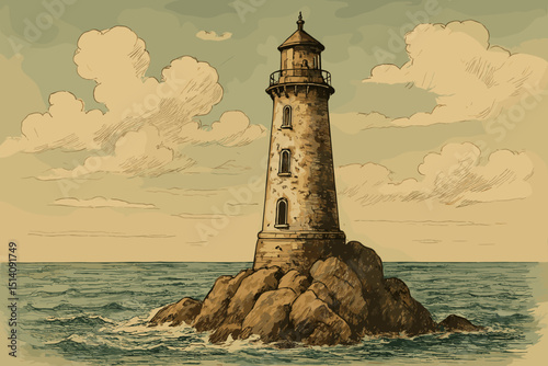Vintage lighthouse on rocky island, hand-drawn sketch illustration. Nautical beacon tower at seaside, retro ocean coastal landscape with clouds and waves. Maritime navigation safety symbol.
