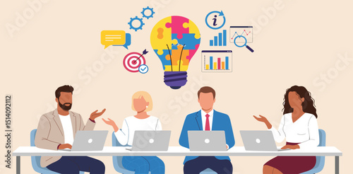 Business Team Brainstorm concept. Vector flat style abstract illustration of a group of diverse people at a desk leading a discussion with a lightbulb