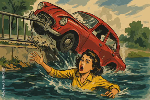 Pulp art car crash into water, vintage comic illustration of red vehicle accident, terrified woman drowning, screaming for help, dramatic danger, retro artwork, emergency scene.