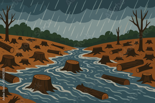 Deforestation impact concept. Flood disaster due to tree cutting and heavy rain. Environmental destruction, soil erosion, climate change consequence. Forest logging, ecosystem damage.