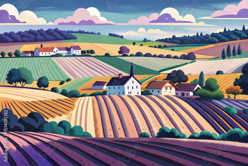 Farm field landscape on small hills vector. illustration Rows of soil, rural countryside perspective horizon view cartoon