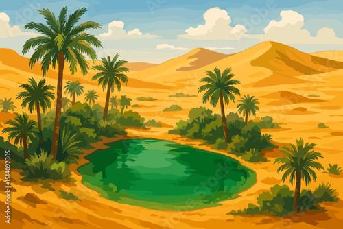 Lush green oasis with palm trees and clear water pond in a vast yellow sand dune desert landscape under a blue sky with clouds. Serene remote paradise illustration for travel or nature themes.