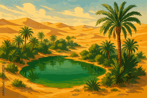 Desert oasis landscape illustration with palm trees, sand dunes, and tranquil waterhole. Serene Sahara mirage scene, tropical paradise in arid wilderness. Nature's beauty, travel, scenic vector art.