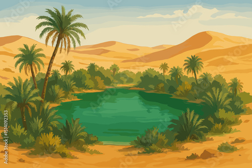 Desert Oasis landscape illustration with palm trees, lush vegetation, and a refreshing blue waterhole surrounded by golden sand dunes. Scenic, tranquil, arid environment. Nature travel background.