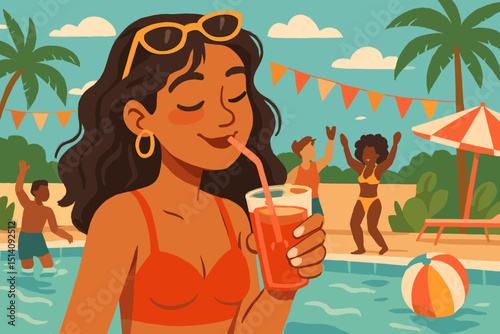Poolside refreshment summer party illustration. Woman drinking cocktail at sunny resort. Happy friends, tropical vacation, leisure fun, retro beach vibes. Summer holiday enjoyment scene.