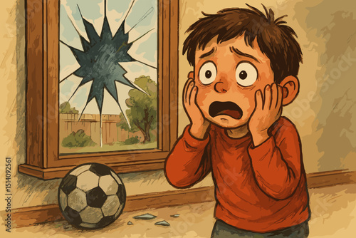 Scared child broken window after soccer ball accident. Guilty boy oops moment, childhood mischief. Fearful expression, damaged glass. Home trouble, shock, consequence, mistake illustration.