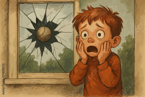 Shocked boy illustration, child's guilty face after baseball breaks window glass. Childhood accident, mischief, fear. Oops, trouble! Hand-drawn retro style for vintage storybook.