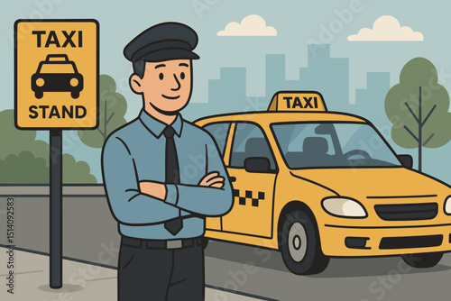Taxi driver professional chauffeur waiting at city taxi stand. Yellow cab public transportation service. Urban vehicle for hire with uniformed man. Flat vector illustration modern design concept.