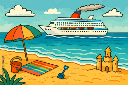 Whimsical child's drawing of a vibrant beach scene with a majestic cruise ship. Summer vacation, sandcastle, colorful umbrella, bucket, shovel. Ocean holiday fun, seaside adventure, kids art.