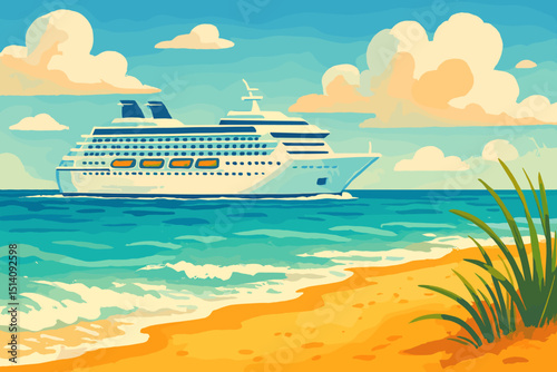Cruise ship vector illustration, side view of ocean liner sailing near tropical sandy beach. Summer vacation concept, sea travel, holiday journey graphic. Marine transport on blue water.