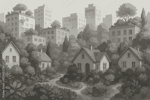 Urban green oasis pencil drawing. Cityscape with houses, trees, and apartment buildings. Nature in city concept. Monochrome vintage illustration. Sustainable community living with nature.
