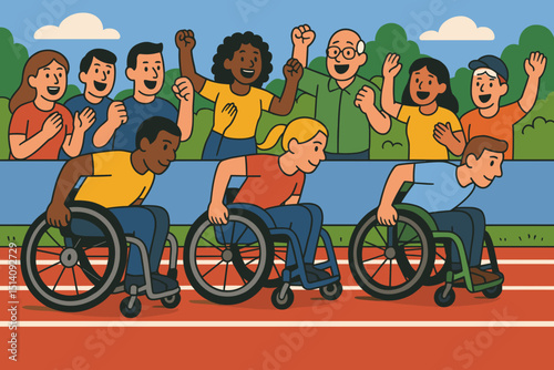Dynamic wheelchair race with diverse athletes on track, energetic crowd cheering. Para athletics, adaptive sports, inclusion. Disability awareness, community support, competition vector.