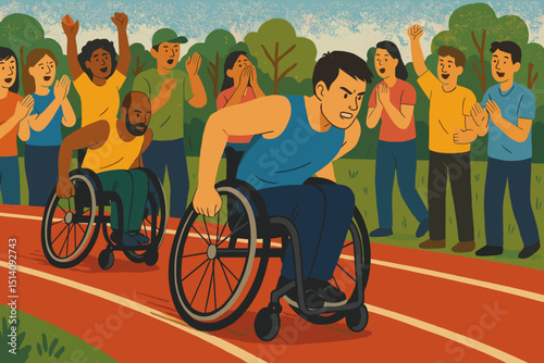 Inclusive wheelchair race competition. Diverse para-athletes competing on athletic track. Spectators cheering for disabled sportsmen. Adaptive sports, paralympic event, determination, speed.