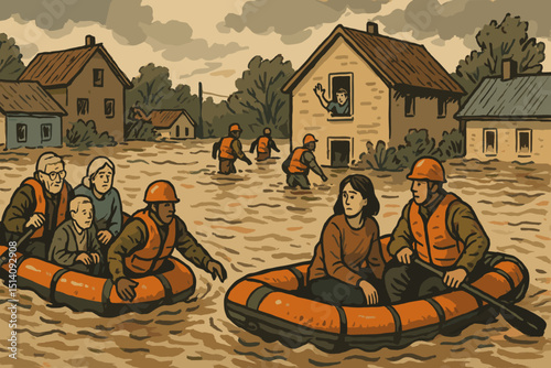 Flood rescue. Boat operation. Vintage illustration. Emergency evacuation. People, families, submerged houses. Natural disaster. Climate crisis. Community help. Survivor relief. Humanitarian aid.