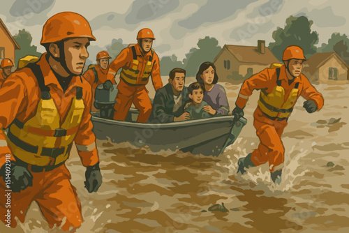 Flood rescue operation with emergency responders evacuating family by boat during natural disaster. Brave rescuers helping people in flooded area. Climate change impact, safety illustration.