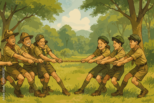 Vintage illustration of diverse children scouts in uniform playing tug of war in a forest clearing. Teamwork, competition, and outdoor activity concept. Summer camp fun and games.
