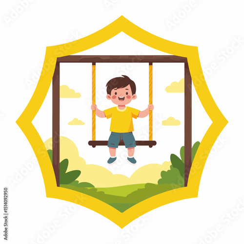 Happy young boy swinging joyfully in a sunny park with green grass and soft clouds, vibrant concept of summer holiday activities