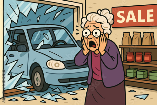 Cartoon vector of car crashing into store window, shocked elderly woman reacts in horror. Illustrates retail accident, property damage, emergency, and danger. Sale sign in background.