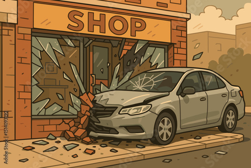 Vector illustration of a car accident, vehicle crashed into a shop storefront. Shattered glass, damaged building facade. Urban emergency, property insurance claim concept. Road safety issues.