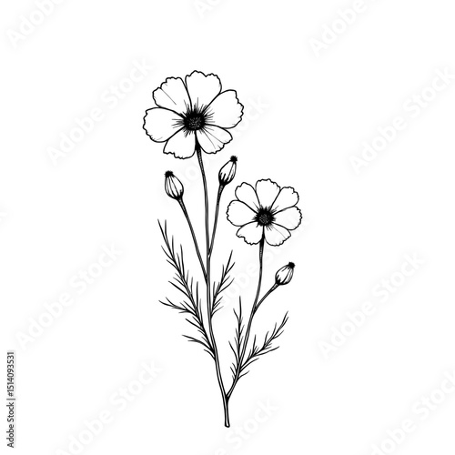 A detailed ink illustration of delicate cosmos flowers blooms gracefully against the soft backdrop. Emphasizing the beauty of nature.
