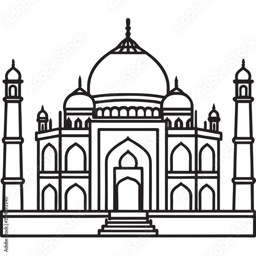 Elegant black and white line art illustration of the iconic taj mahal landmark in india showing architecture
