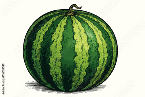 Whole watermelon vector illustration. Fresh ripe green striped summer fruit icon. Detailed vintage engraving style drawing. Healthy organic food, agriculture produce, grocery market symbol. Isolated.