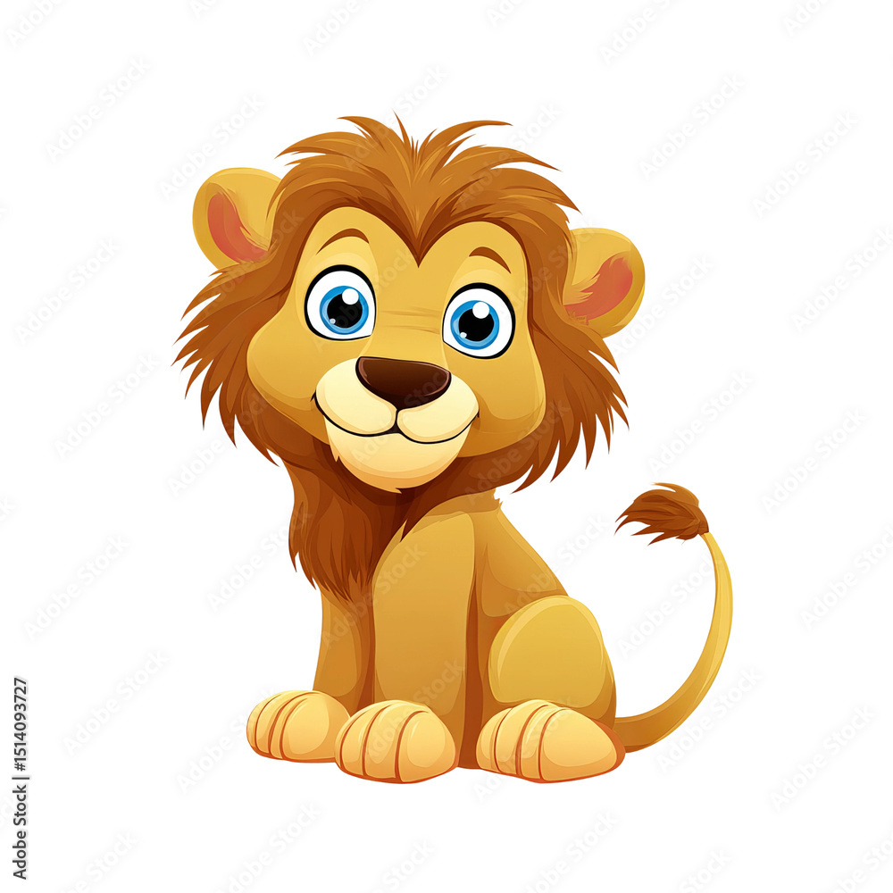 Obraz premium A cute cartoon lion cub sitting with big blue eyes and a smiling expression. The cub has a light brown mane and tail, with a friendly and playful demeanor.