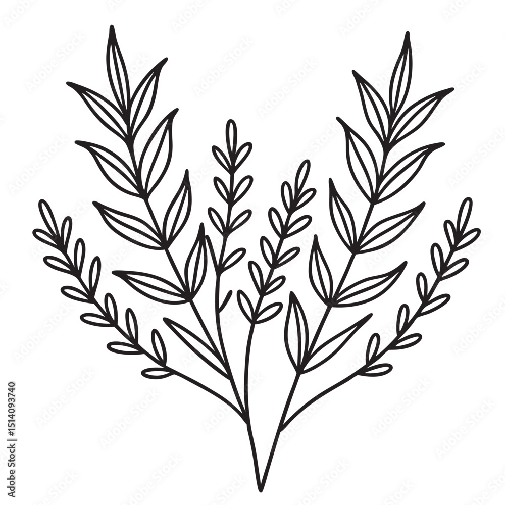 Fototapeta premium Elegant botanical illustration of black line art featuring leaves for decorative design elements and projects.