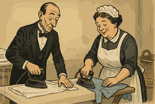 Victorian Butler Housekeeper Ironing vintage illustration. Retro domestic staff, servants performing household chores, laundry service with antique irons. Historical characters at work.