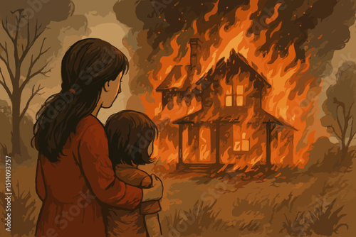 Mother and child watch helplessly as their house is engulfed in flames. Devastating house fire, concept of loss, tragedy, disaster, and displacement. Home burning down, family victims.