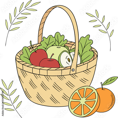 Woven Basket with Fresh Organic Fruits and Vegetables on Wooden Surface with Green Leaves