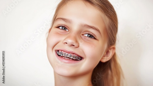 Teenage girl receiving orthodontic treatment smiling happily with braces on her teeth