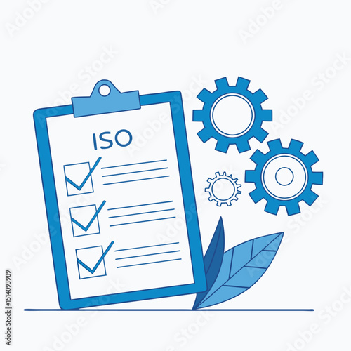Flat illustration depicting iso certification checklist with check marks and gears symbolizing standards and compliance